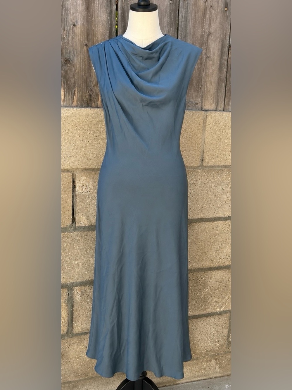 ANINE BING Samantha Dress Steel Blue 100% Silk Satin Mock Neck Bias Cut Size S